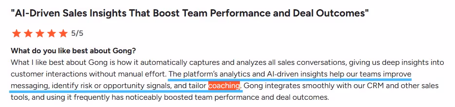 Review of Gong with 5/5 stars, emphasizing AI-driven sales insights for team performance and deal outcomes