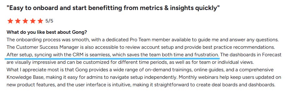 Review of Gong with 5/5 stars, praising easy onboarding, CRM syncing, and customizable dashboards