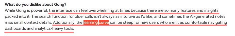 List of dislikes about Gong, mentioning an overwhelming interface, search function issues, and a steep learning curve