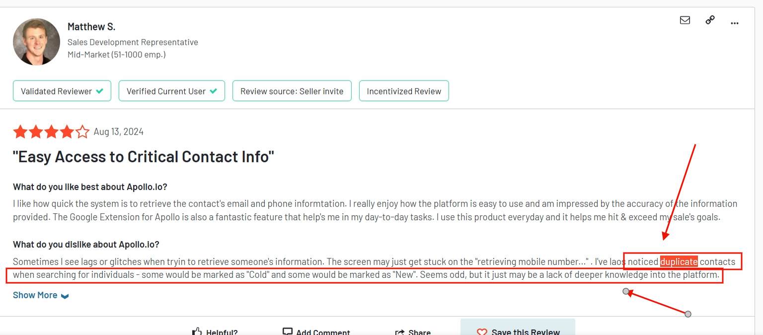 A bad review of Apollo.io by a user who's upset about his duplicate contacts.