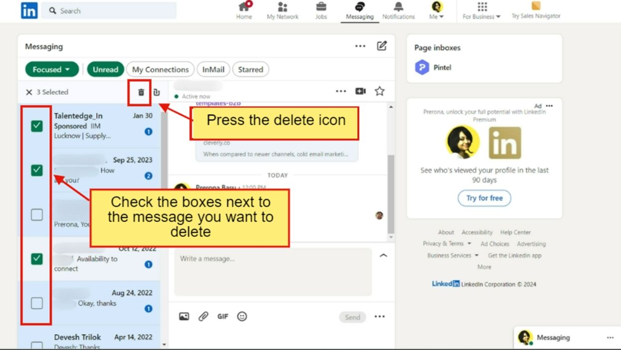 A step-by-step image guide of how to delete LinkedIn messages in bulk, part 2.
