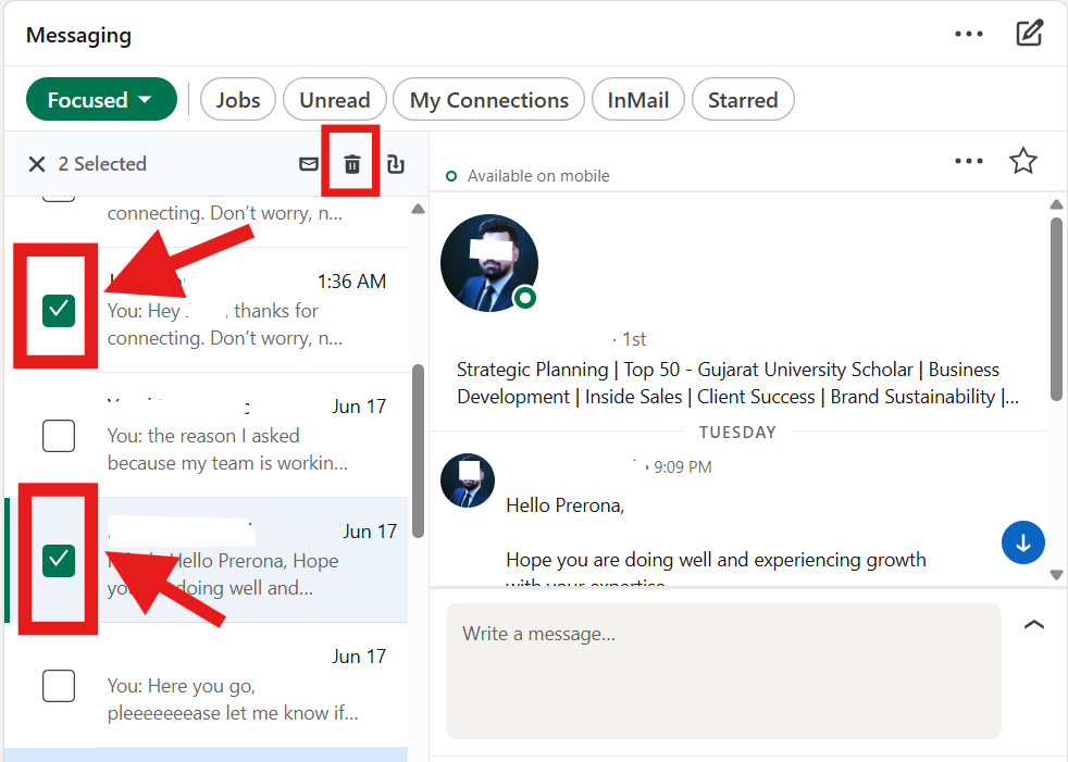 An option to select LinkedIn messages.