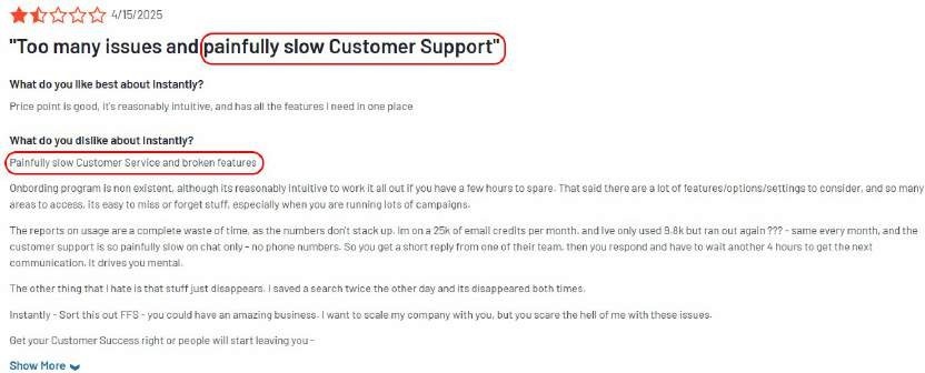 A negative customer review for Instantly with a 2-star rating, titled 'Too many issues and painfully slow Customer Support', specifically criticizing 'Painfully slow Customer Service and broken features'.