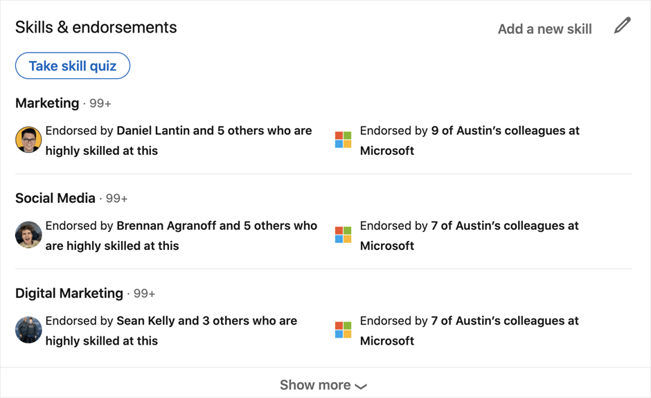 Skills & endorsements on LinkedIn profile.
