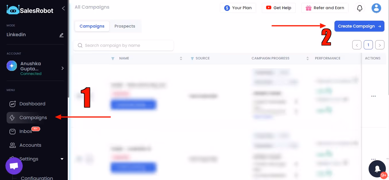 Campaigns page in SalesRobot