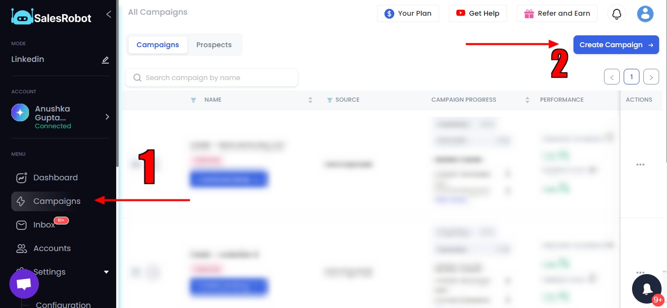 Campaigns page in SalesRobot