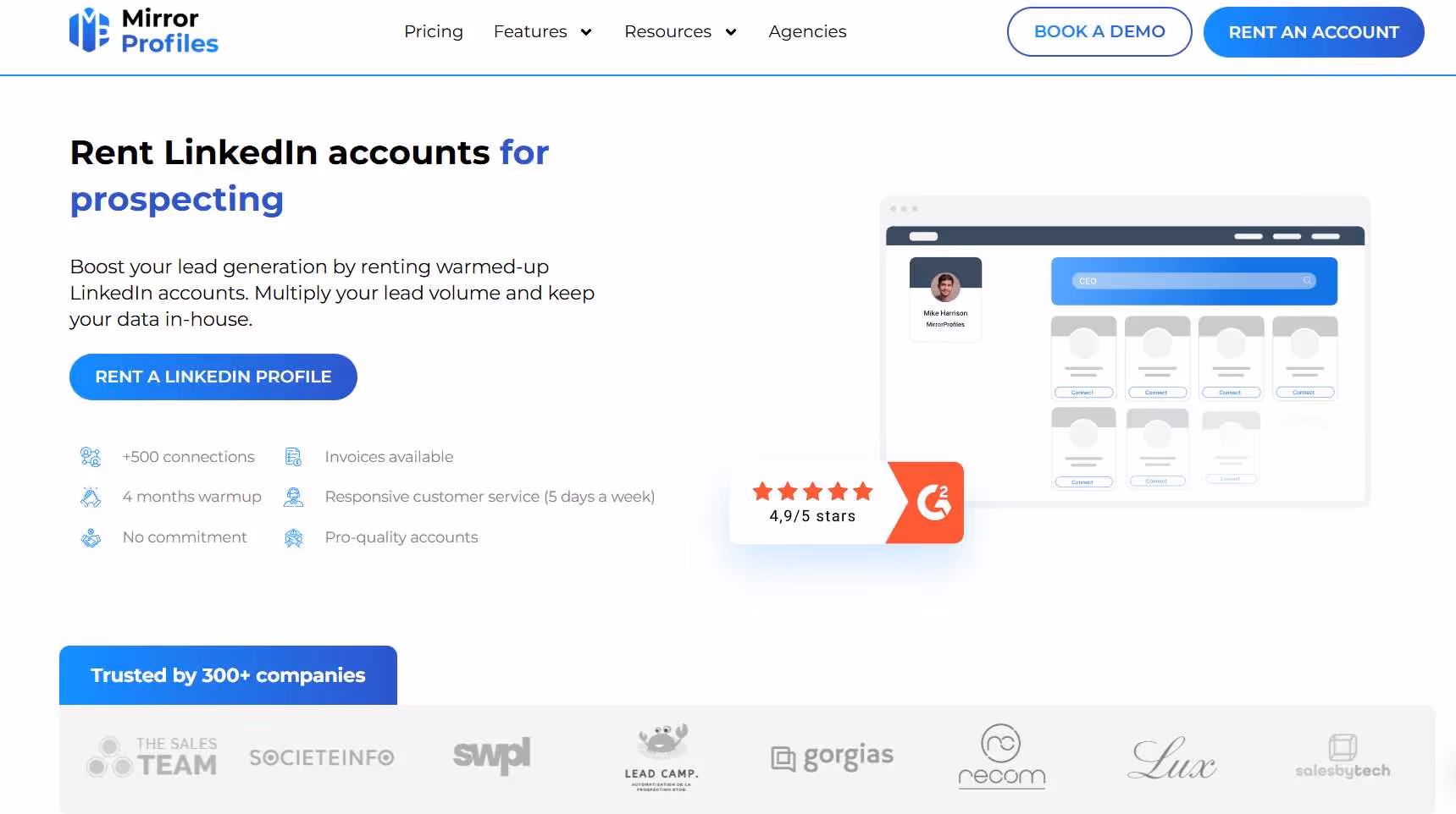 A screenshot of the Mirror Profiles website, showing a headline about renting LinkedIn accounts for prospecting