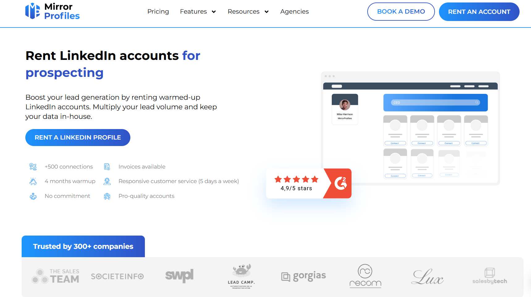 A screenshot of the Mirror Profiles website, showing a headline about renting LinkedIn accounts for prospecting