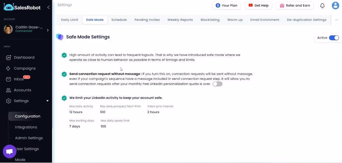 SalesRobot settings page displaying "Safe Mode Settings" with options for limiting LinkedIn activity.