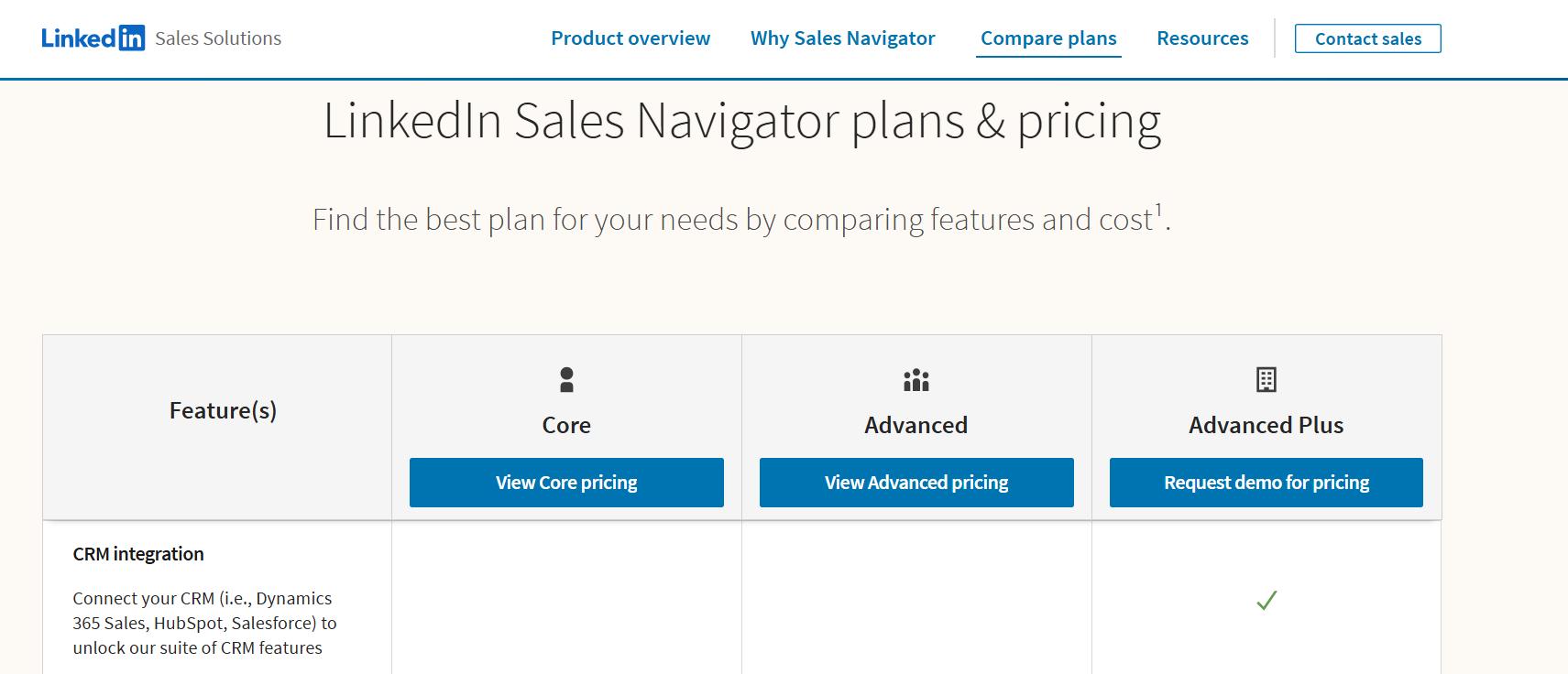 LinkedIn Sales Navigator plans and pricing comparison.