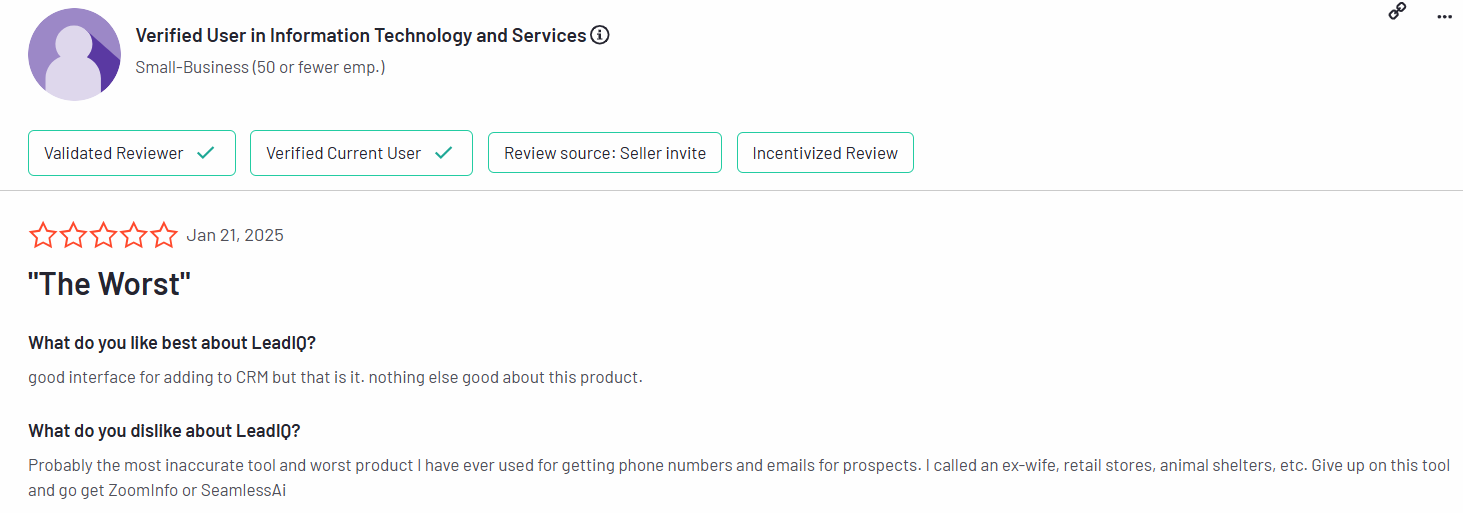 A negative user review of LeadiQ.