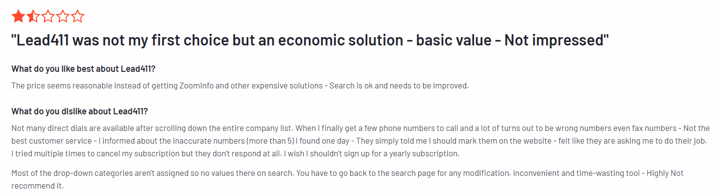 Lead411 customer review expressing dissatisfaction and concerns about data accuracy.