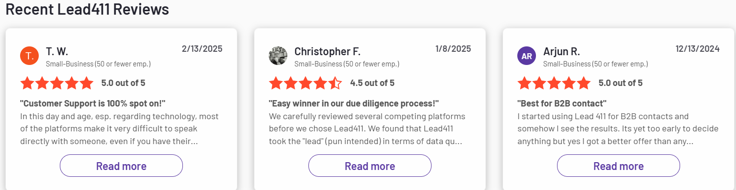 Lead411 customer reviews showcasing positive ratings and feedback.