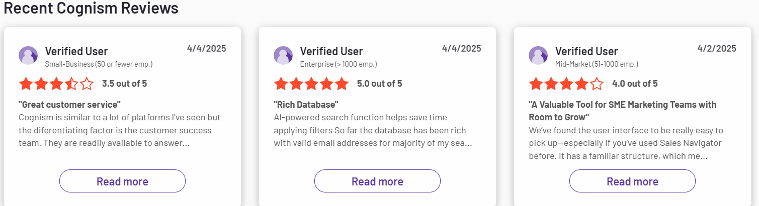 Cognism customer review highlights, positive feedback with star ratings.