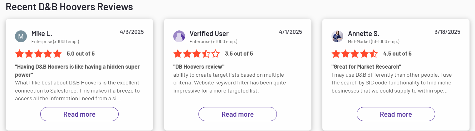 Customer reviews of D&B Hoovers with star ratings and comments.