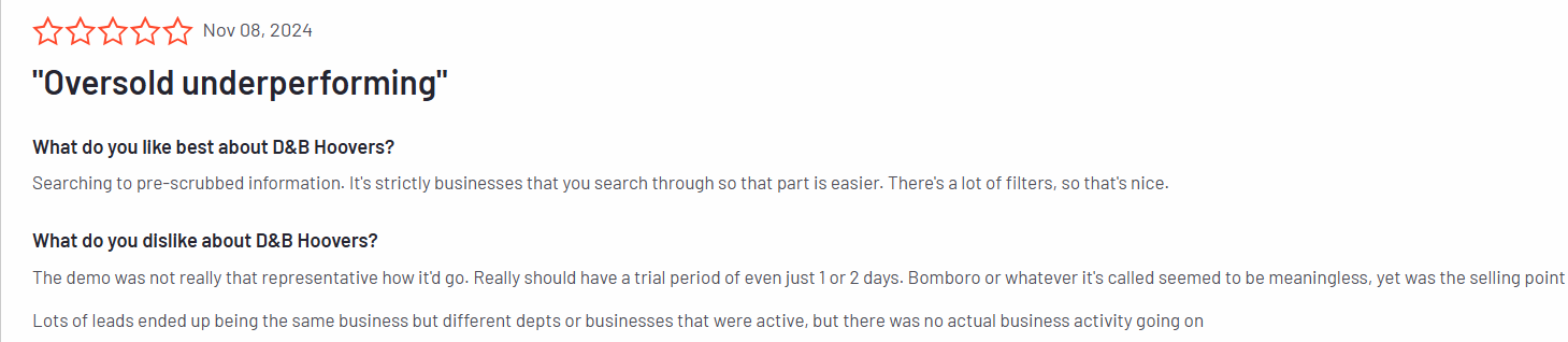 Customer review of D&B Hoovers with a low star rating and negative feedback.