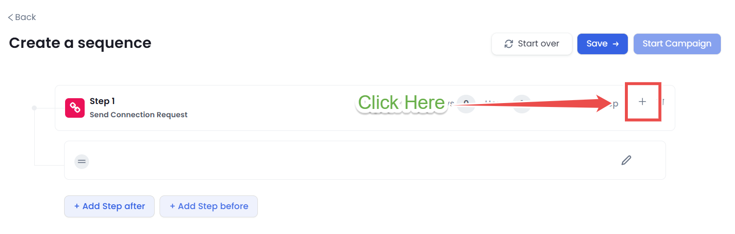 Plus icon in the Connection Request step within a SalesRobot campaign