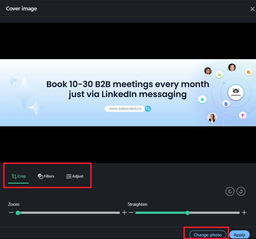 SalesRobot LinkedIn cover image editor