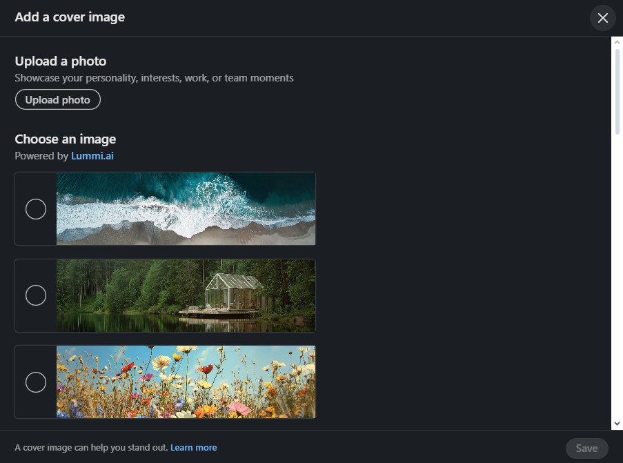 LinkedIn cover image upload options