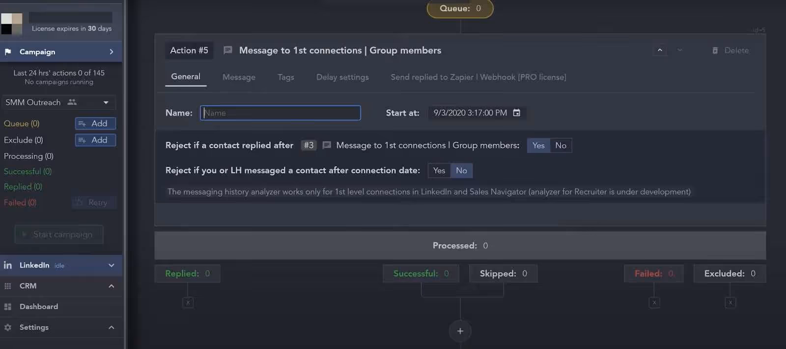 Campaign creation settings in a dark-themed dashboard.