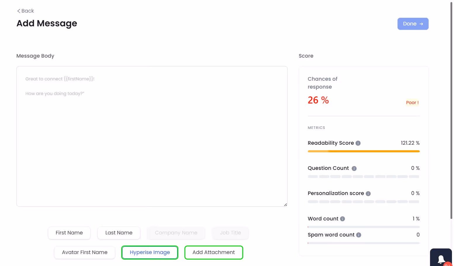 Add message interface with readability and spam score analysis.