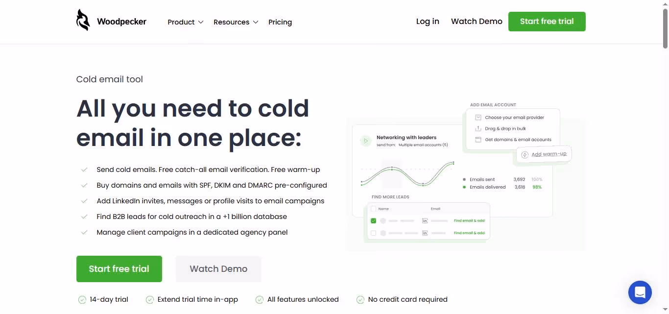 Woodpecker cold email tool website showcasing features and benefits.