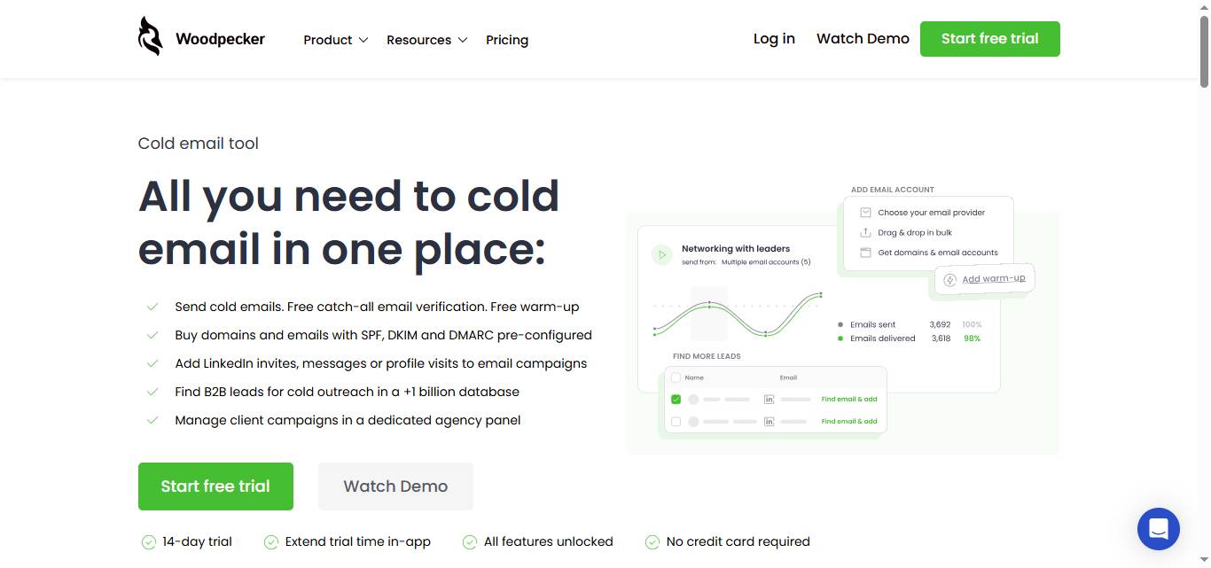 Woodpecker cold email tool website showcasing features and benefits.