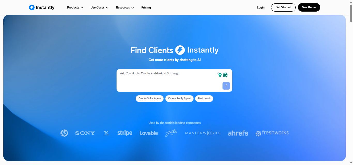 Instantly.ai website screenshot highlighting its features for finding and contacting ideal clients.