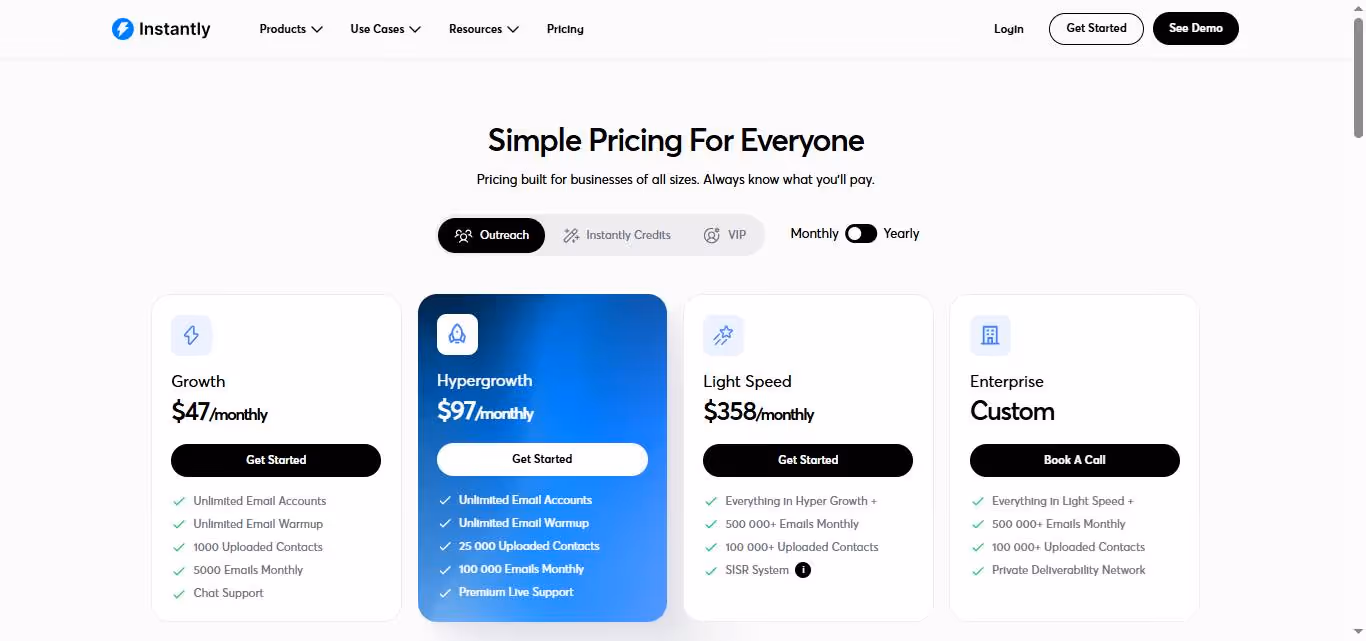 Instantly.ai pricing plans for Growth, Hypergrowth, and Light Speed options.