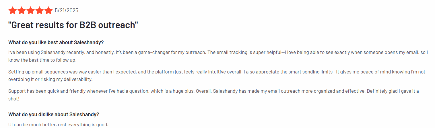 Five-star Saleshandy review highlighting great results for B2B outreach and positive user experience.