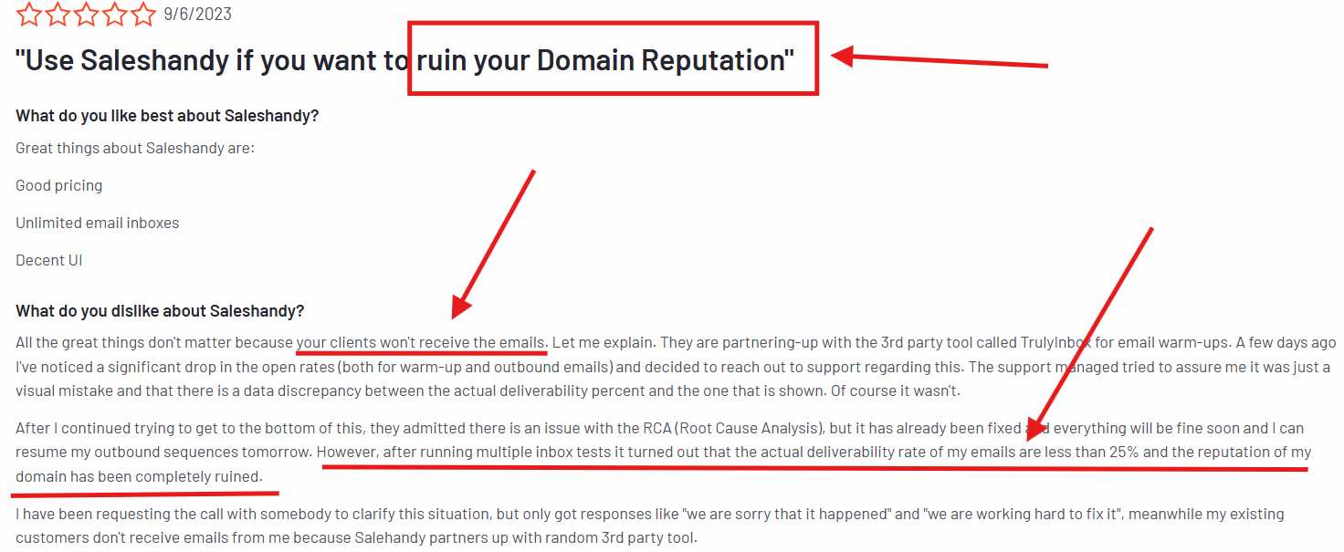 Negative Saleshandy review citing domain reputation issues and low deliverability rates.