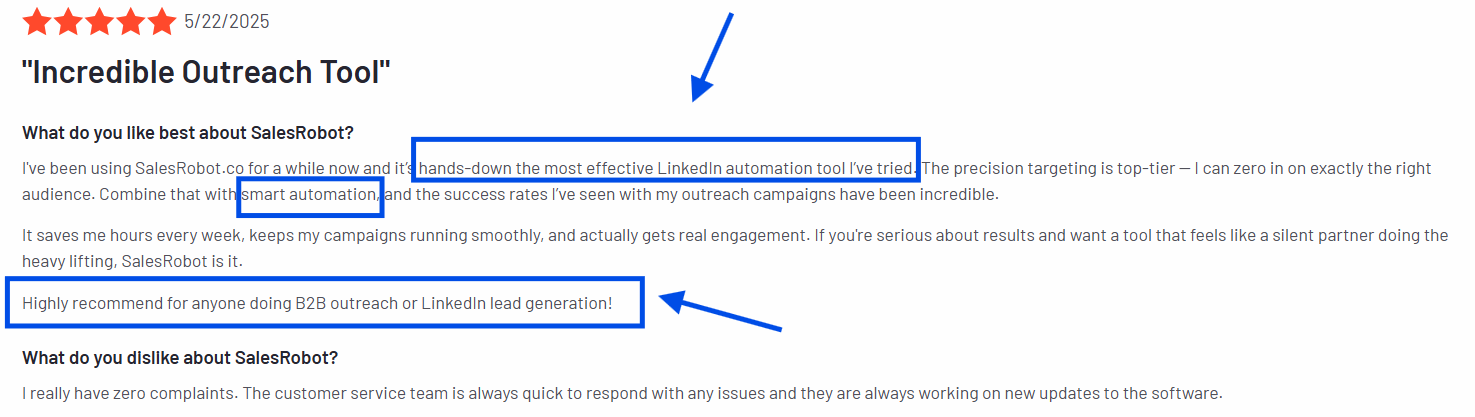 Positive review of SalesRobot praising its LinkedIn automation.