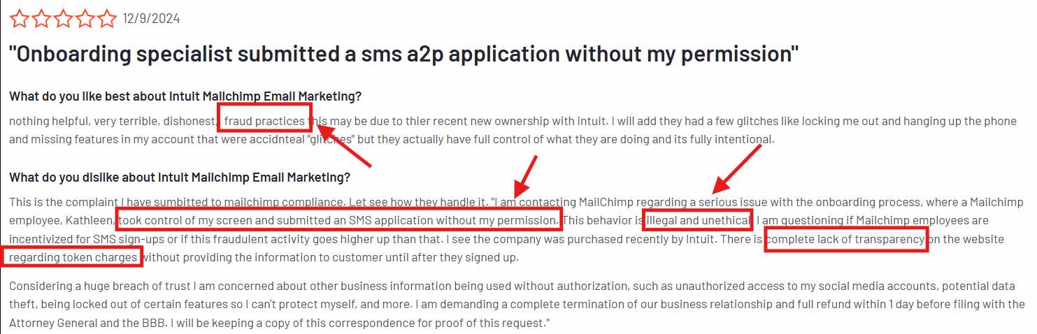 Negative review of Mailchimp onboarding specialist.