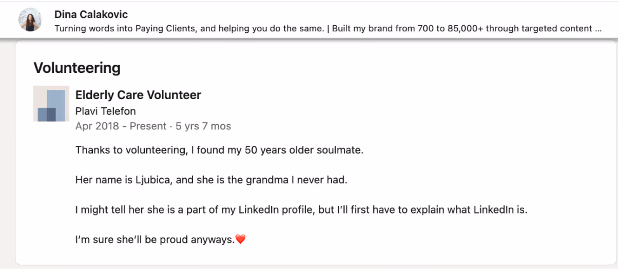 example profile of Dina on linkedIn for inspiration