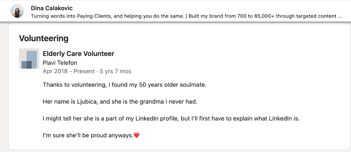 example profile of Dina on linkedIn for inspiration