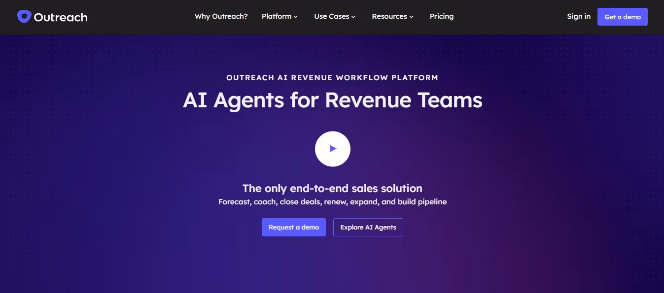 Outreach.io homepage with the headline "AI Agents for Revenue Teams" and a purple dotted background.
