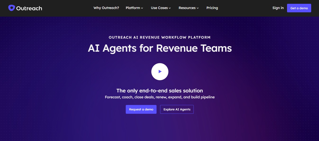 Outreach.io homepage with the headline "AI Agents for Revenue Teams" and a purple dotted background.
