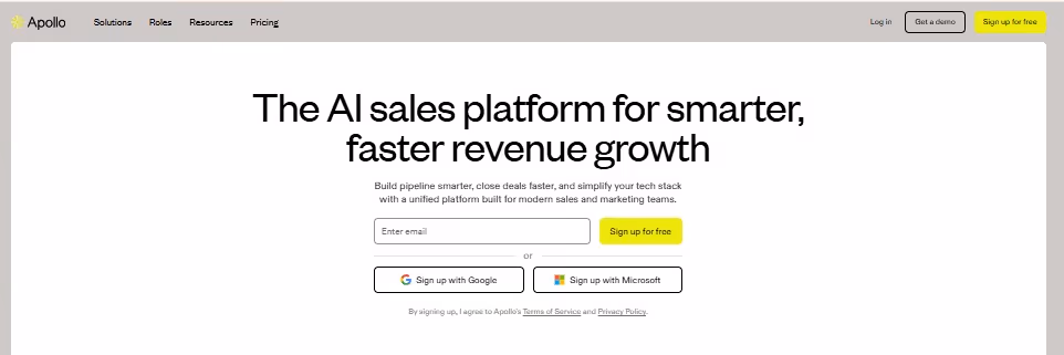 Apollo.io homepage with the headline "The AI sales platform for smarter, faster revenue growth" on a white background