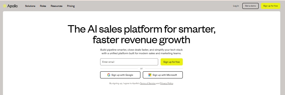 Apollo.io homepage with the headline "The AI sales platform for smarter, faster revenue growth" on a white background