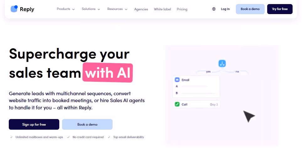 Reply.com homepage featuring AI sales team solutions, with a diagram illustrating a sales sequence