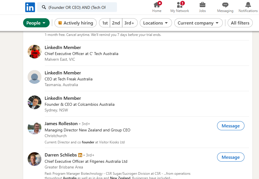Boolean search result on LinkedIn