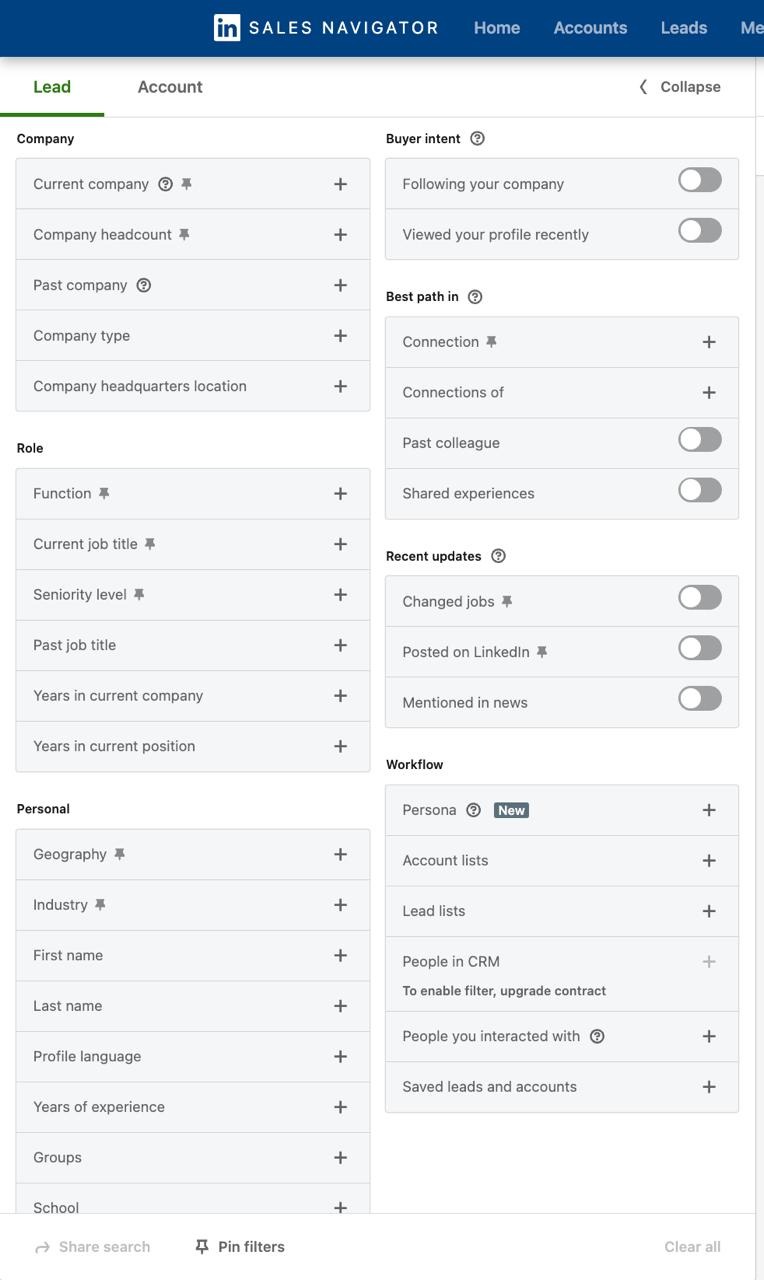 LinkedIn Sales Navigator search filters.