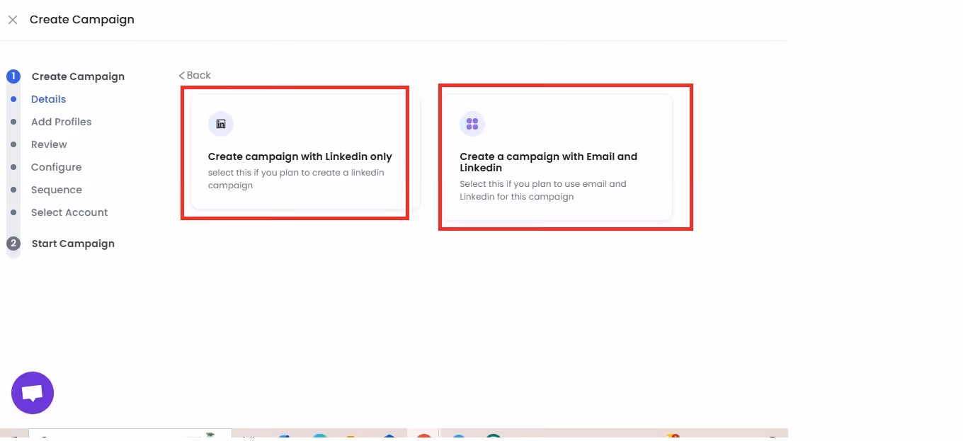 A screenshot of a campaign creation screen with options to create campaigns with LinkedIn only or with email and LinkedIn.