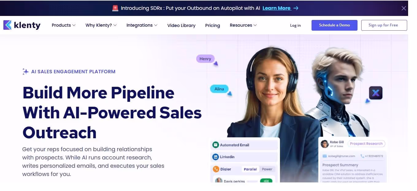 Klenty's AI sales engagement platform landing page featuring a diverse team.