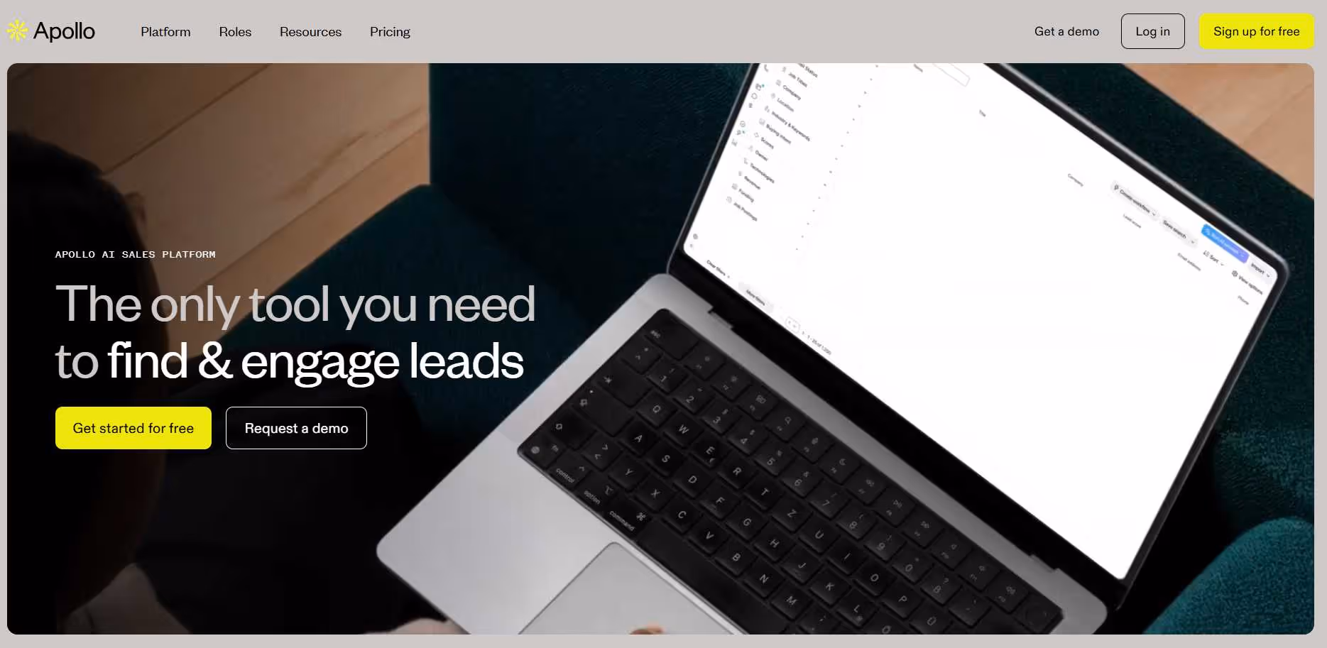 Apollo.io landing page showcasing its lead engagement platform.