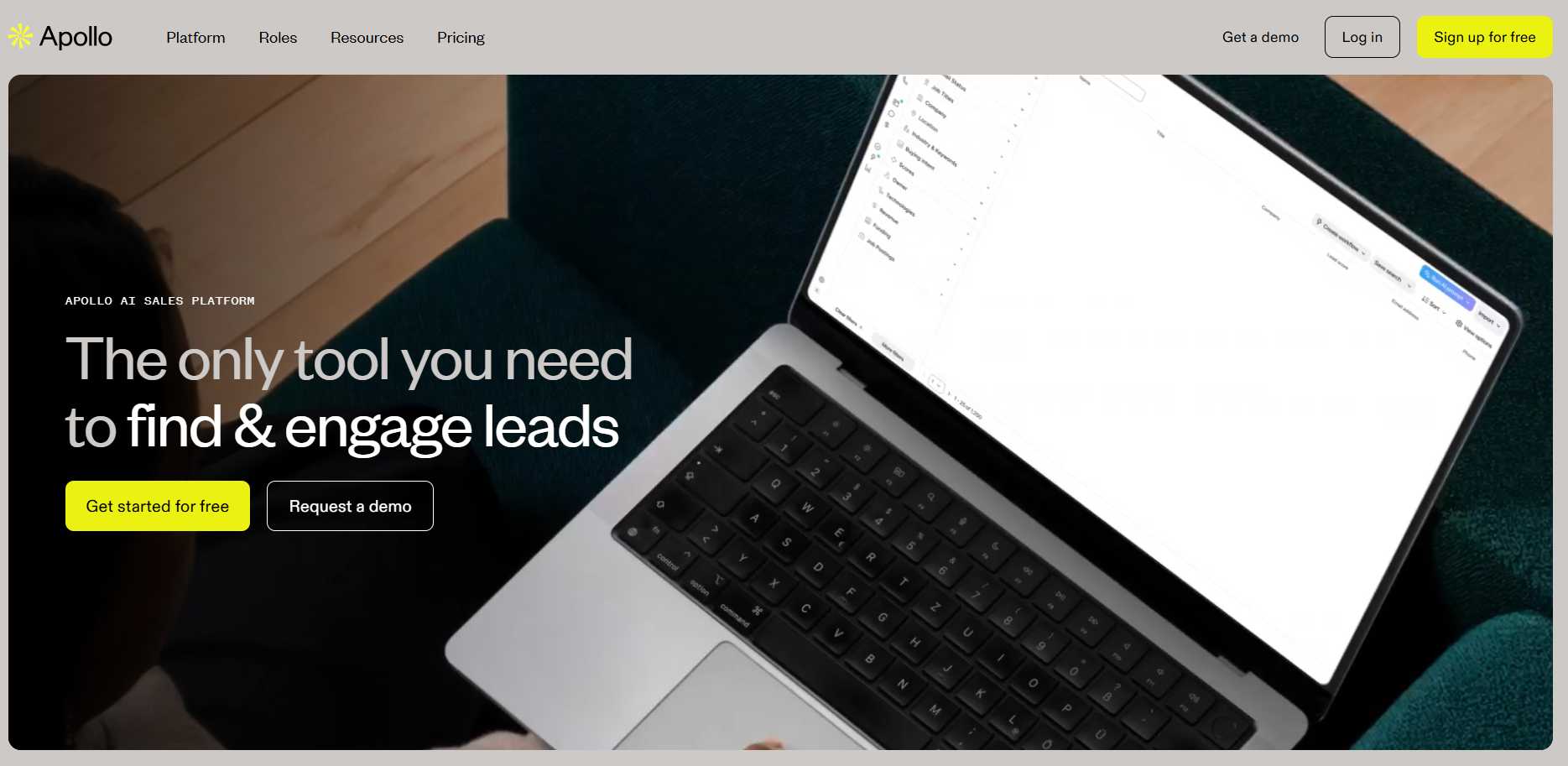 Apollo.io landing page showcasing its lead engagement platform.