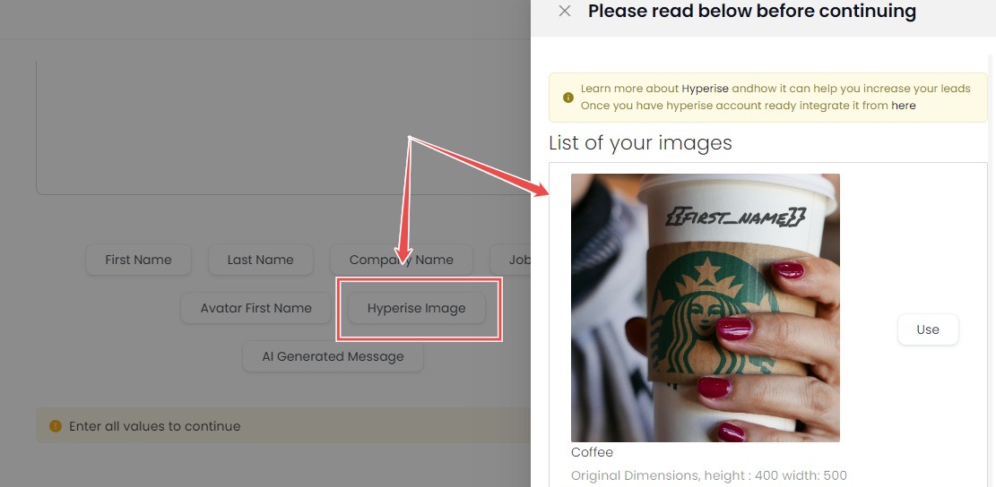 Hyperise integration with SalesRobot to create personalized Starbucks coffee cup image messages