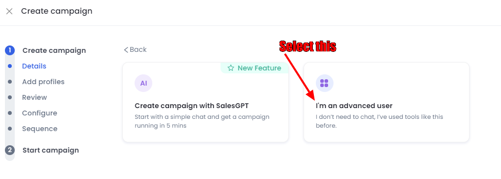 Options to create campaigns in SalesRobot