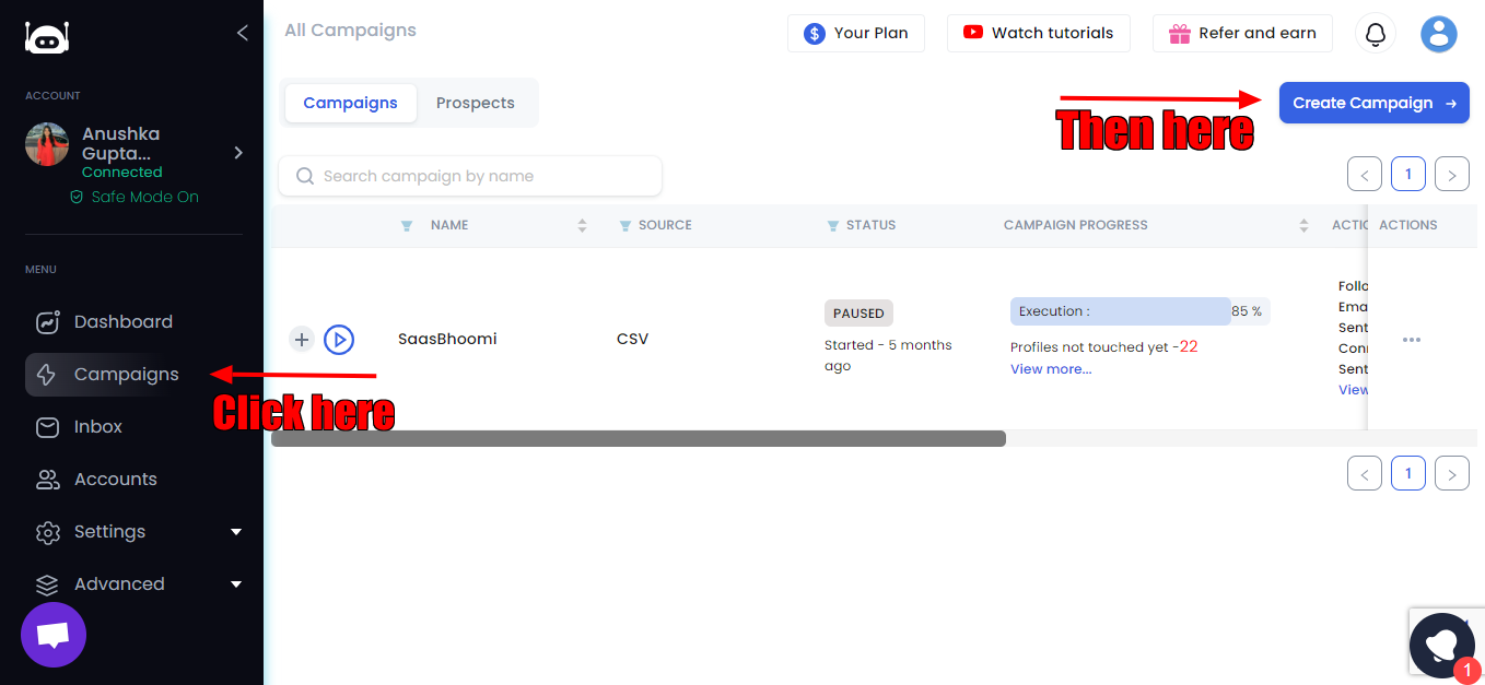 Campaigns page on SalesRobot