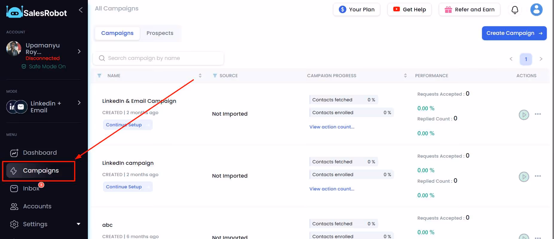 SalesRobot Campaigns dashboard interface.